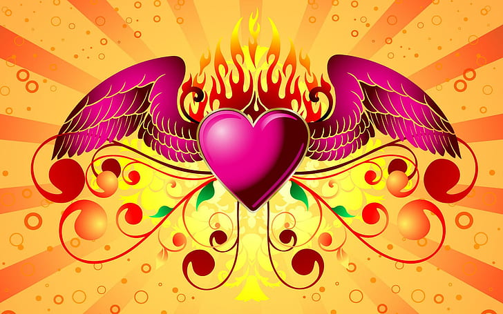 Pink Heart, green, colors, pink, yellow, vector, heart, abstract, valentine, love, wings, 3d and abstract, HD wallpaper