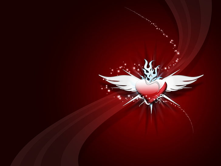 rött och vitt hjärta med vingar illustration, konstnärlig, kärlek, hjärta, vingar, HD tapet