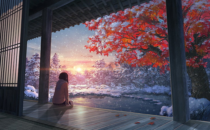 female anime character wallpaper, female anime character sitting in front of tree, fall, snow, Japanese maple, forest, lake, HD wallpaper