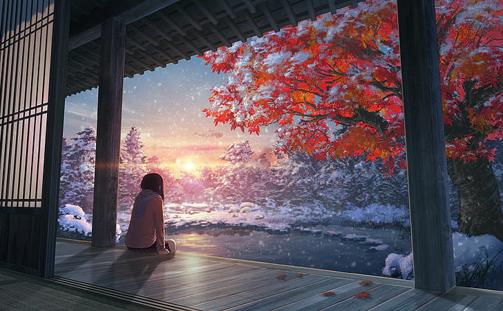 Японски клен, сняг, езеро, гора, есен, HD тапет