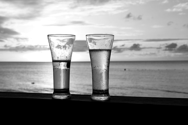 two clear glass candle holders, glasses, beach, HD wallpaper