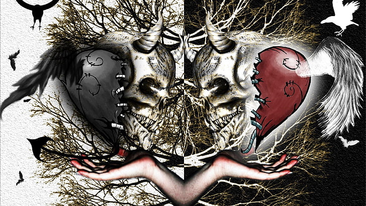 love, heart, art, illustration, skull, graphic design, graphics, wing, HD wallpaper