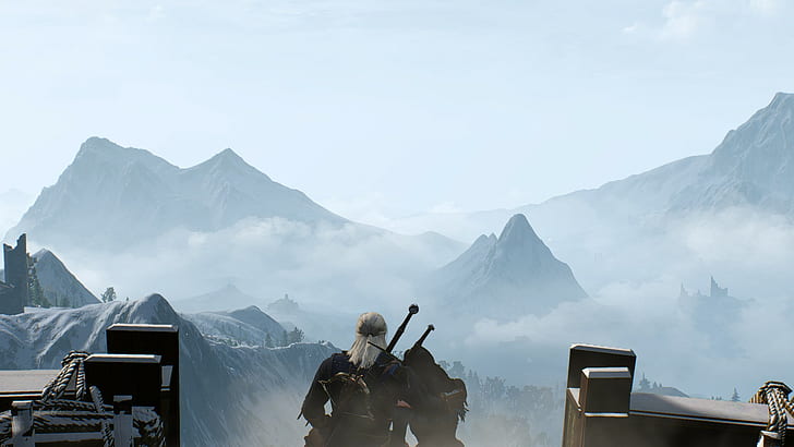 Geralt of Riva, Yennefer, Skellige, mountains, The Witcher 3: Wild Hunt, screen shot, PC gaming, Geralt of Rivia, couple, CD Projekt RED, Yennefer of Vengerberg, HD wallpaper