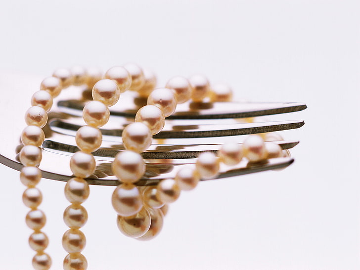 pearl lot, pearl, necklace, fork, HD wallpaper