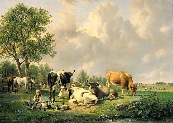 животные, масло, картина, холст, Ян ван Рейвенсвай, Луг со скотом, HD обои