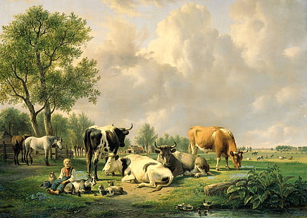 動物、油、絵、キャンバス、ヤン・ヴァン・レイヴンズウェイ、牧草地と牛、 HDデスクトップの壁紙 HD wallpaper