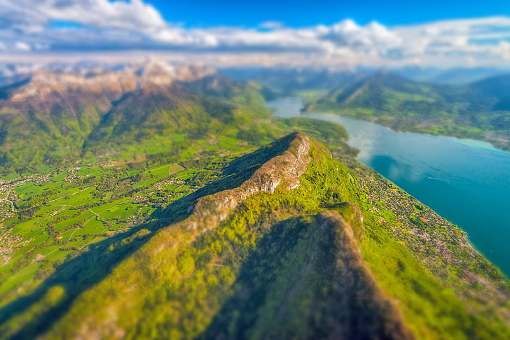 green leaf trees, aerial photo of green mountain, landscape, river, mountains, tilt shift, France, clouds, HD wallpaper