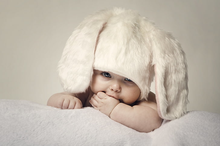 infant's white fur bunny hat, children, baby, Easter, hat, hats, kid, happy child, happy baby, large beautiful blue eyes, big beautiful blue eyes, Child, Cute, Rabbit, charming, Adorable, HD wallpaper