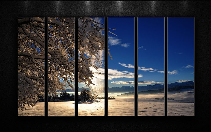 pokryta śniegiem ziemia w pobliżu drzewa malowanie 6-panelowe, niebo, słońce, chmury, światło, śnieg, tło, zima, segment, Tapety HD