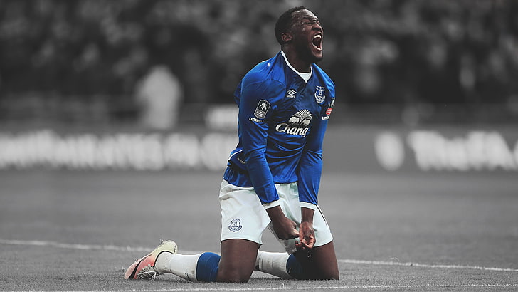 Kemeja lengan panjang biru pria, Romelu Lukaku, olahraga, sepak bola, pewarnaan selektif, Everton FC, Wallpaper HD