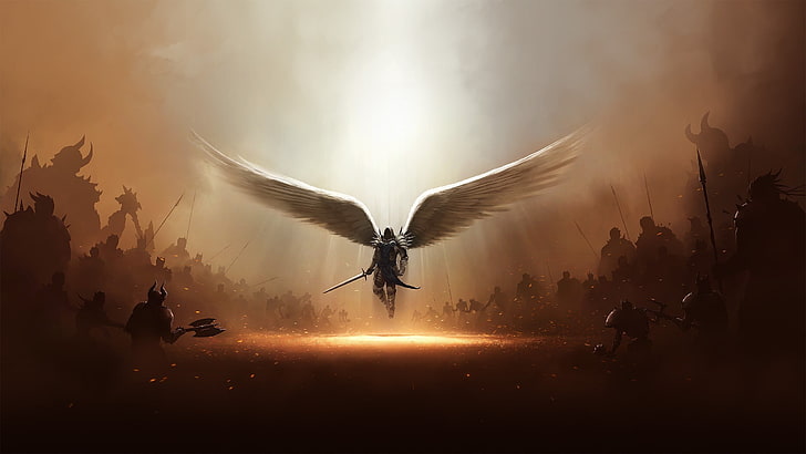 anjo com espada papel de parede digital, Diablo, asas, espada, arcanjo, arte de fantasia, Tyrael, Diablo III, videogames, arte digital, HD papel de parede