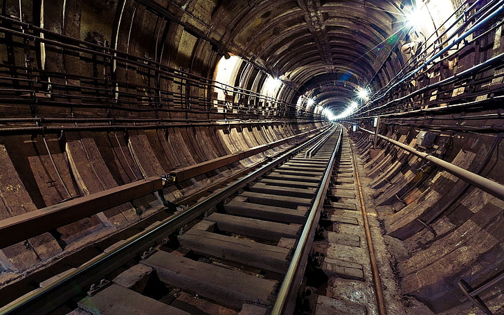 brązowy drewniany tunel, metro, tunel, architektura, światła, kolej, metro, Tapety HD