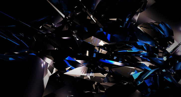 blue and black abstract illustration, black, dark, abstract, 3D, shards, glass, blue, bright, HD wallpaper