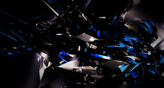 niebiesko-czarna abstrakcyjna ilustracja, czarny, ciemny, abstrakcyjny, 3D, odłamki, szkło, niebieski, jasny, Tapety HD HD wallpaper