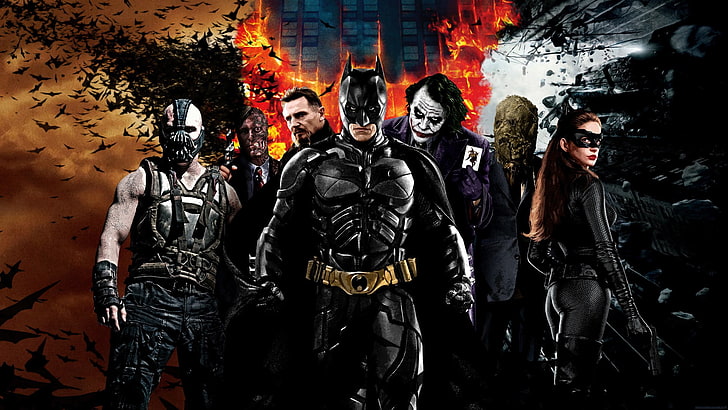 Бэтмен, Темный рыцарь, Темный рыцарь встает, Бэйн, Джокер, Рас-аль-Гул, Двуликий, Женщина-кошка, Лиам Нисон, Энн Хэтэуэй, фильмы, Трилогия, коллаж, Кристиан Бэйл, Бэтмен Бегинс, супергерой, комиксы DC, HD обои