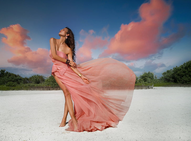 A Woman in a Light Pink Dress, Pink Clouds,..., women's pink sleeveless dress, Girls, Girl, Beautiful, People, Summer, Pink, Woman, Designer, Young, Amazing, Wind, Sand, Outdoor, Clouds, Model, Gorgeous, Fashion, Collection, Wonderful, fantastic, Dress, Lovely, Outfit, breeze, Fabulous, Clothing, glamorous, clothes, extraordinary, formal, HD wallpaper