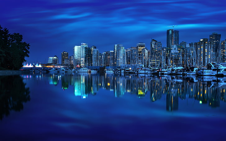 blue high-rise building, reflection, building, yachts, port, Canada, Bay, Vancouver, night city, British Columbia, Bay Burrard, Burrard Inlet, Koalas Harbor, Coal Harbour, HD wallpaper