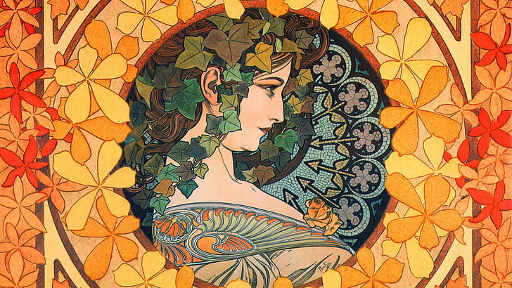 women, long hair, artwork, painting, Alphonse Mucha, leaves, Art Deco, mosaic, brunette, portrait, face, profile, traditional art, HD wallpaper