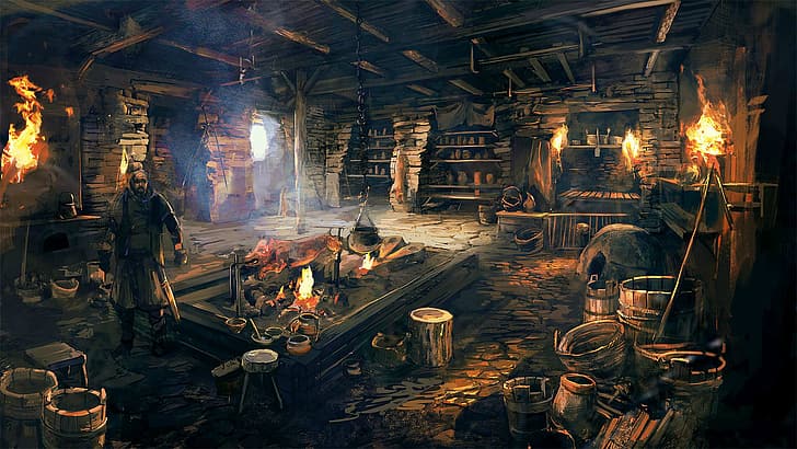 fire, kitchen, the sorcerer, bucket, spit, the Witcher, HD wallpaper
