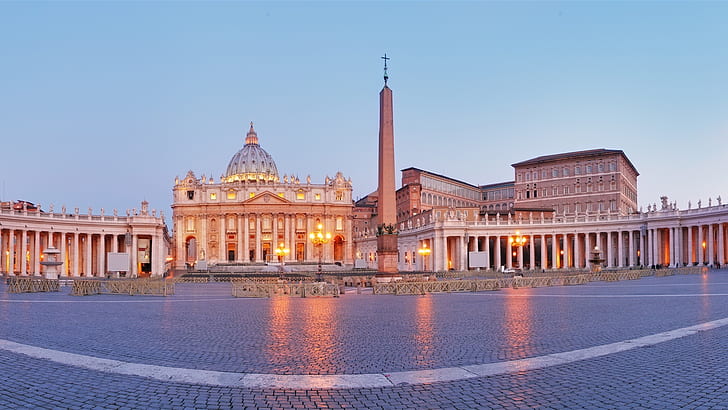 Vatican City, Rome, Italy, St Peter's Square, cathedral, obelisk, dusk, lights, st. peter basilica, vatican city, Vatican, City, Rome, Italy, Peter, Square, Cathedral, Obelisk, Dusk, Lights, HD wallpaper