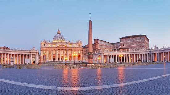 Vatican City, Rome, Italy, St Peter's Square, cathedral, obelisk, dusk, lights, st. peter basilica, vatican city, Vatican, City, Rome, Italy, Peter, Square, Cathedral, Obelisk, Dusk, Lights, HD wallpaper HD wallpaper