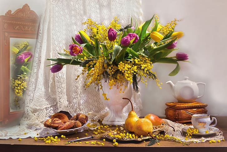 flowers, kettle, mirror, tulips, box, vase, fruit, still life, pear, curtain, cakes, Mimosa, Valentina Fencing, HD wallpaper