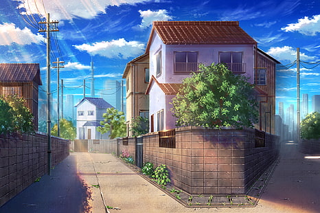 Аниме, оригинал, град, къща, улица, HD тапет HD wallpaper