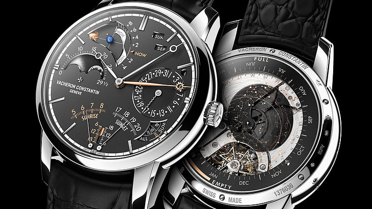 круглые серебряные часы с хронографом с черным кожаным ремешком, часы, Vacheron Constanin, циферблаты, простой фон, цифры, прозрачность, часовой механизм, роскошные часы, HD обои