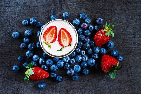 fruit, berries, food, strawberries, blueberries, HD wallpaper HD wallpaper