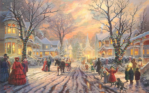 Snowy Street A Natale, alberi, slitte, persone, natale, neve, santa, inverno, cavallo, 3d e astratto, Sfondo HD HD wallpaper