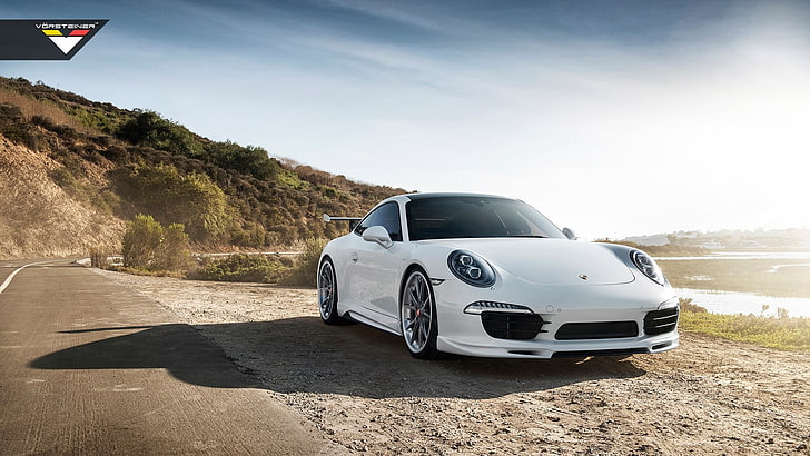 Porsche 911 Carrera S, Porsche Carrera 4, mobil, mobil putih, pantai, Wallpaper HD