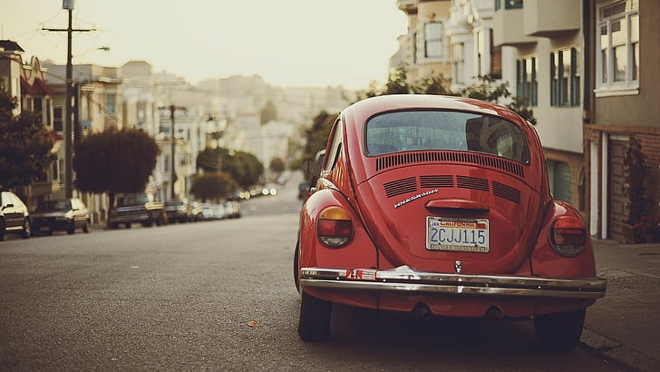road, rear view, Volkswagen Beetle, car, California, vehicle, vintage, red cars, USA, house, Volkswagen, street, HD wallpaper
