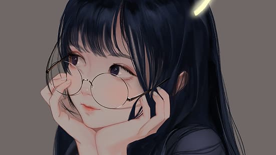 anime, chicas anime, gafas, cabello negro, cabello largo, ojos negros, fondo gris, ojos morados, Fondo de pantalla HD HD wallpaper
