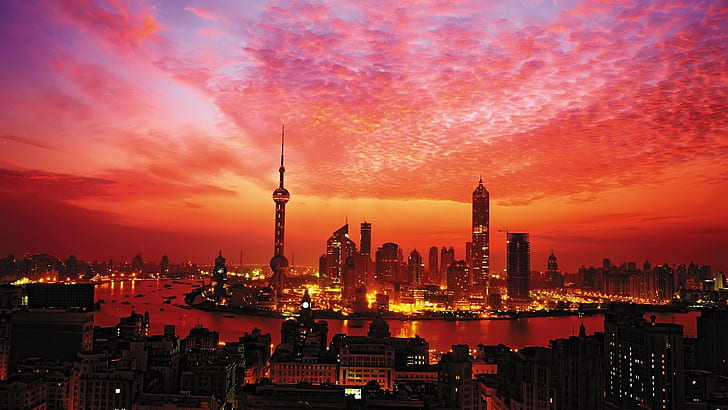 buildings, shanghai, sky, skyscrapers, sunset, HD wallpaper