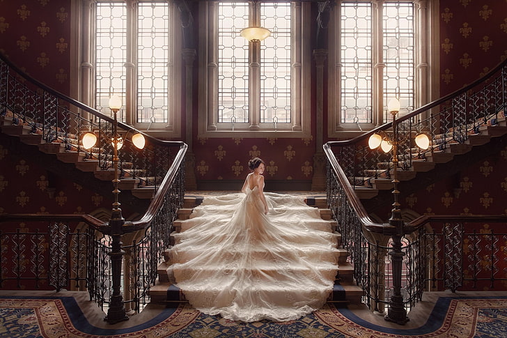 women's white bridal gown, Windows, dress, lights, ladder, the bride, wedding, wedding dress, HD wallpaper