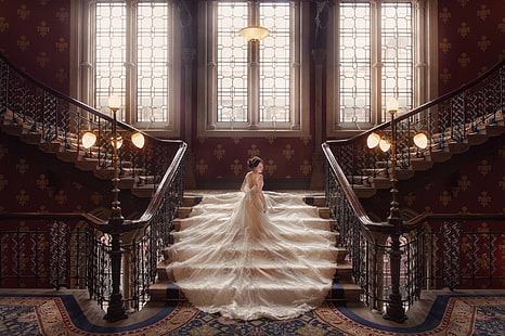 женское белое свадебное платье, окна, платье, фары, лестница, невеста, свадьба, свадебное платье, HD обои HD wallpaper