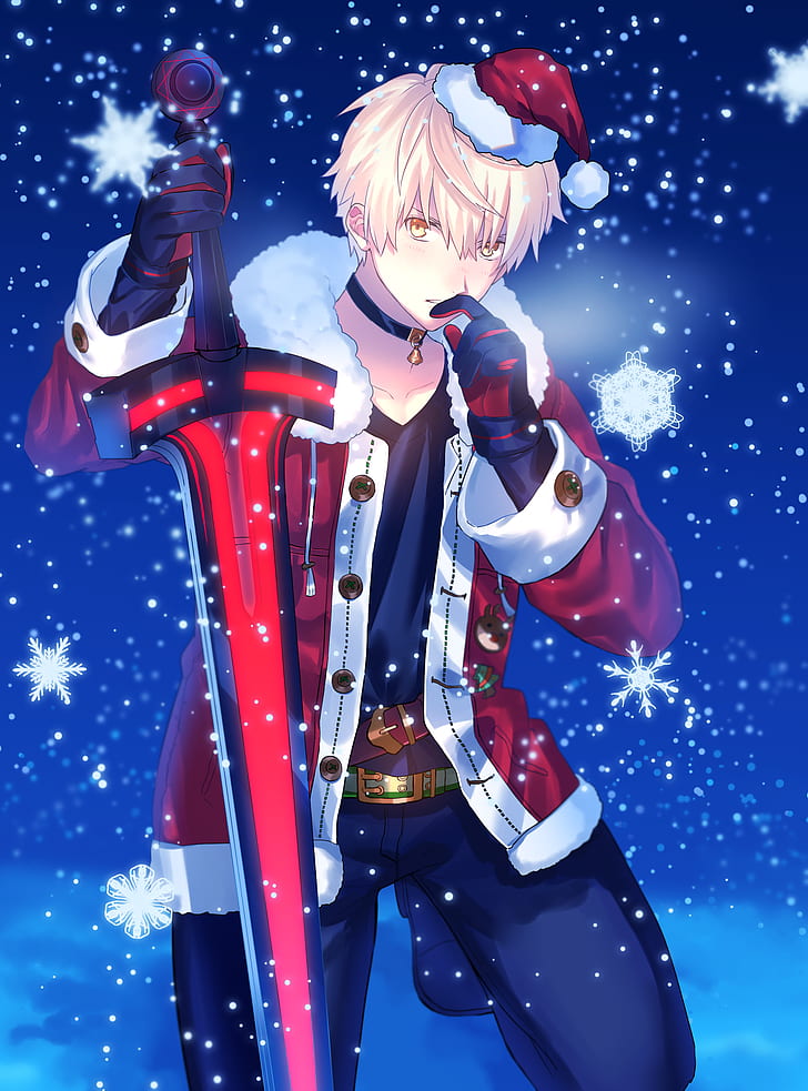arthur alter, fate prototype, sword, christmas 2018, snowflakes, Anime, HD wallpaper