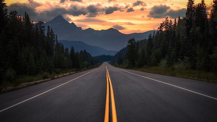 Straße, Asphalt, Berge, Bäume, Kanada, Alberta, HD-Hintergrundbild
