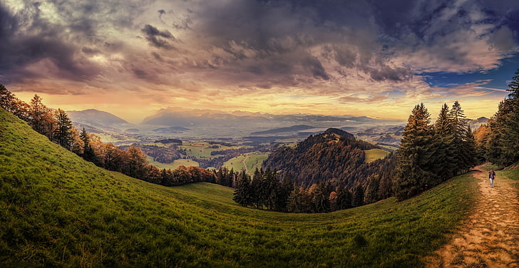 photography, landscape, nature, panorama, path, hiking, forest, mountains, valley, grass, clouds, fall, Switzerland, HD wallpaper