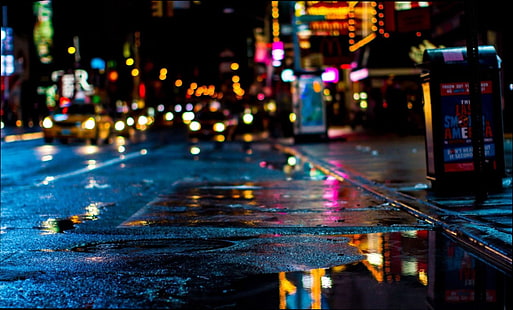 городской, красочный, ночь, Таймс-сквер, Нью-Йорк, мокрая улица, HD обои HD wallpaper
