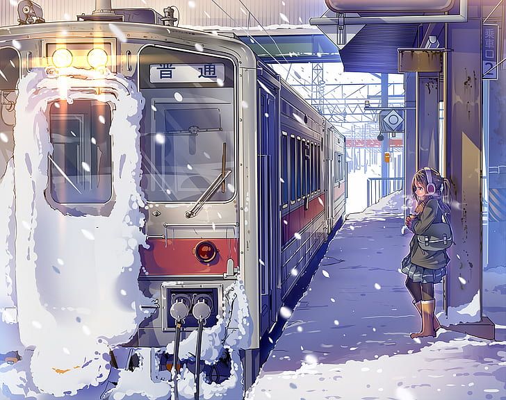 аниме, вокзал, поезд, пейзаж, HD обои