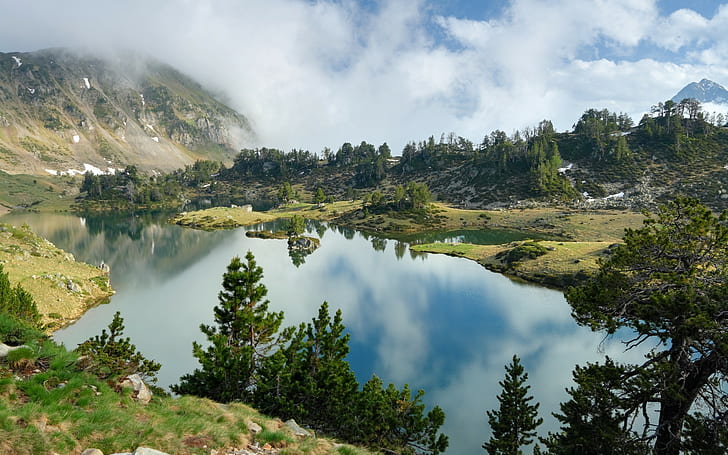 ธรรมชาติภูมิทัศน์ภูเขาสะท้อนต้นไม้ทะเลสาบ, วอลล์เปเปอร์ HD