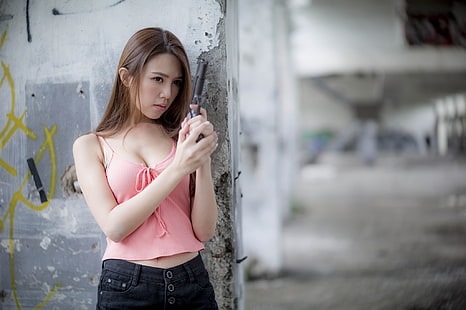 portrait, Asian, women, gun, pistol, camisole, girls with guns, HD wallpaper HD wallpaper