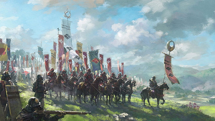 orang menunggang kuda wallpaper digital, samurai, pertempuran, perang, bendera, baju besi, kuda perang, Jepang, Wallpaper HD