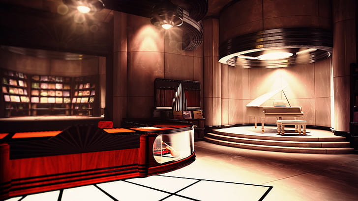 Bioshock Infinite Bioshock Погребение в море Piano Room Rapture HD, коричневый деревянный рояль, видеоигры, море, bioshock, комната, бесконечность, в, пианино, восхищение, погребение, HD обои