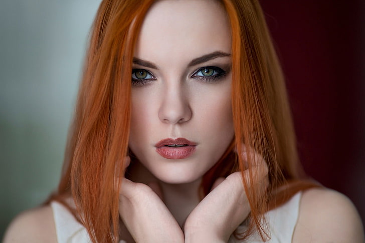 kadının yüzü, Zara Axeronias, modeli, kadınlar, yüz, portre, Kızıl saçlı, yeşil gözlü, airbrushed, HD masaüstü duvar kağıdı