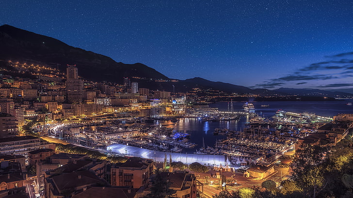 gwiaździste niebo, noc, miasto, pejzaż miejski, niebo, Monte Carlo, panorama, światła miasta, wieczór, morze, panorama, Monako, zmierzch, Europa, Tapety HD