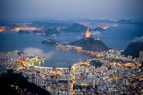 городские постройки, здания, море, горы, огни, побережье, здания, дома, вечер, Бразилия, Рио-де-Жанейро, HD обои HD wallpaper