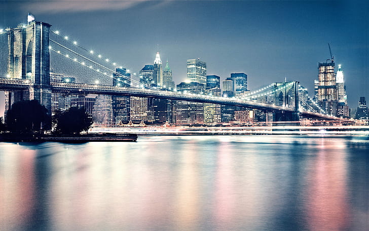 городской пейзаж, мост, здание, нью-йорк, манхэттен, огни города, бруклинский мост, река, HD обои