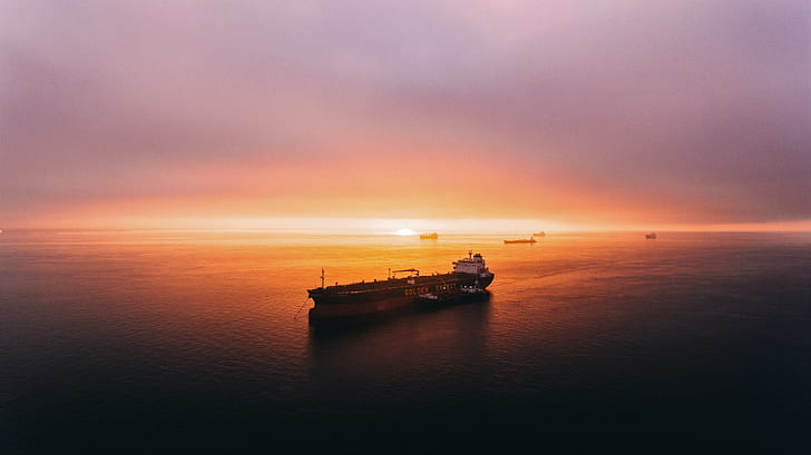 Бухта Сан-Франциско, корабль, нефтяной танкер, закат, США, море, буксиры, HD обои